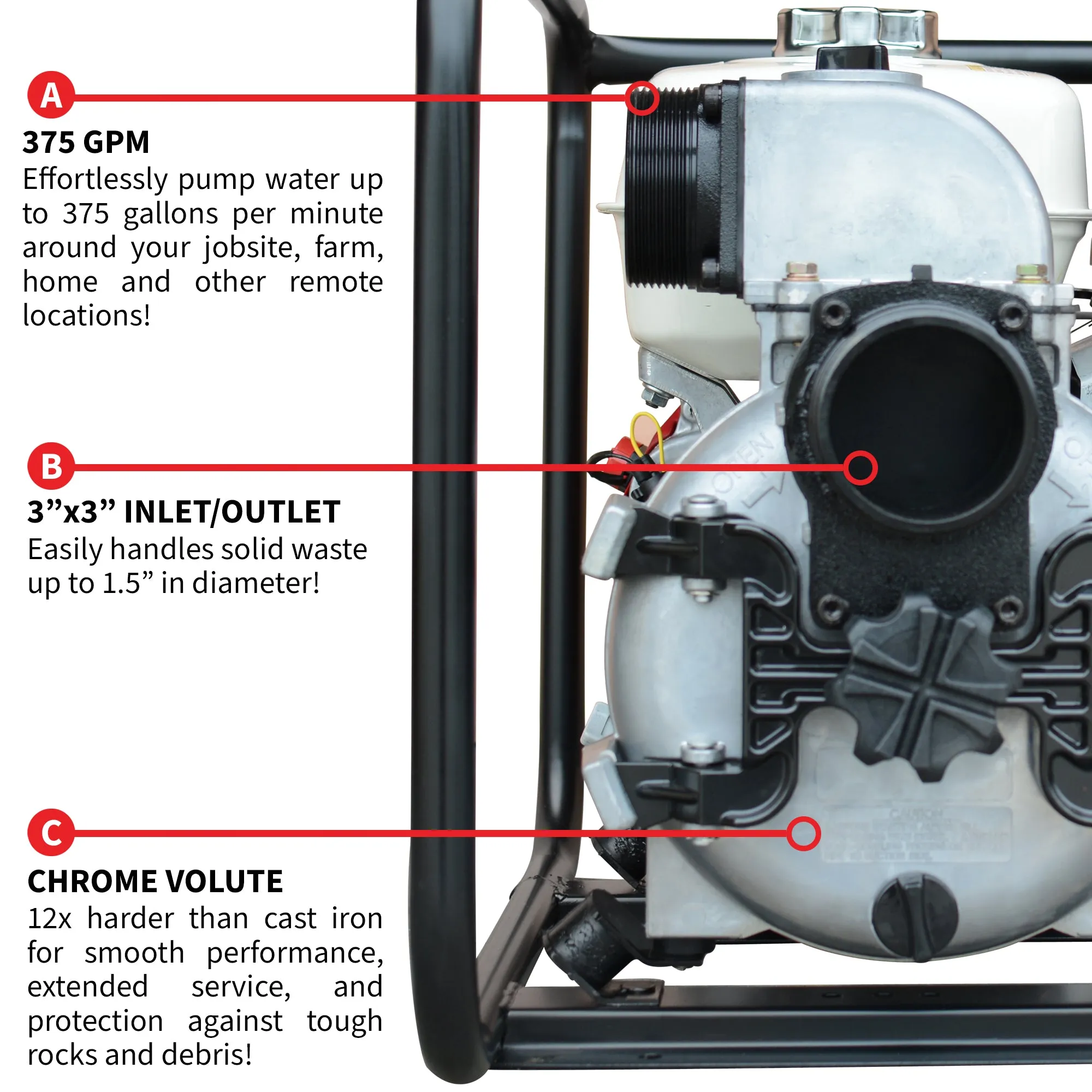 3 Inch Trash Water Pump 375 GPM 8 HP GX270 powered by Honda Portable Utility