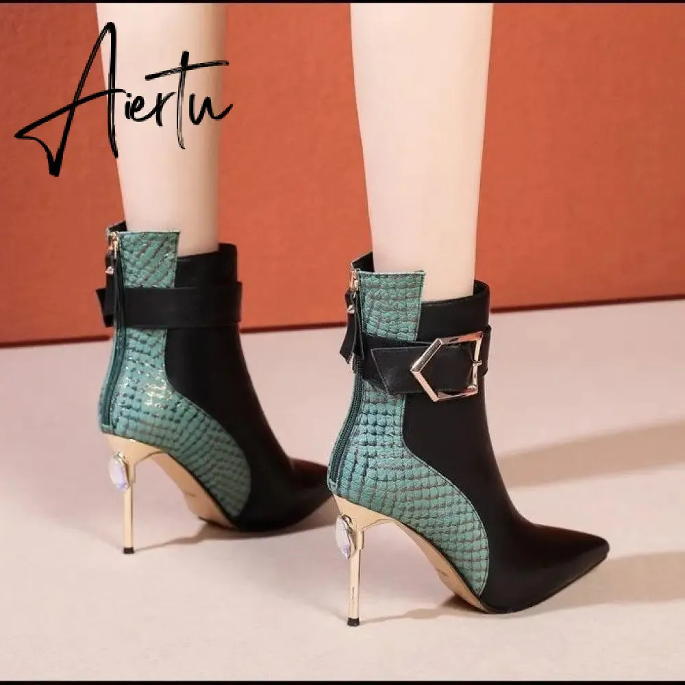 Aiertu High Heel Women's Boots Autumn Fashion PU Leather Pointed Toe Ankle Boots Party Zipper Luxury High Heels Pumps Zapatos