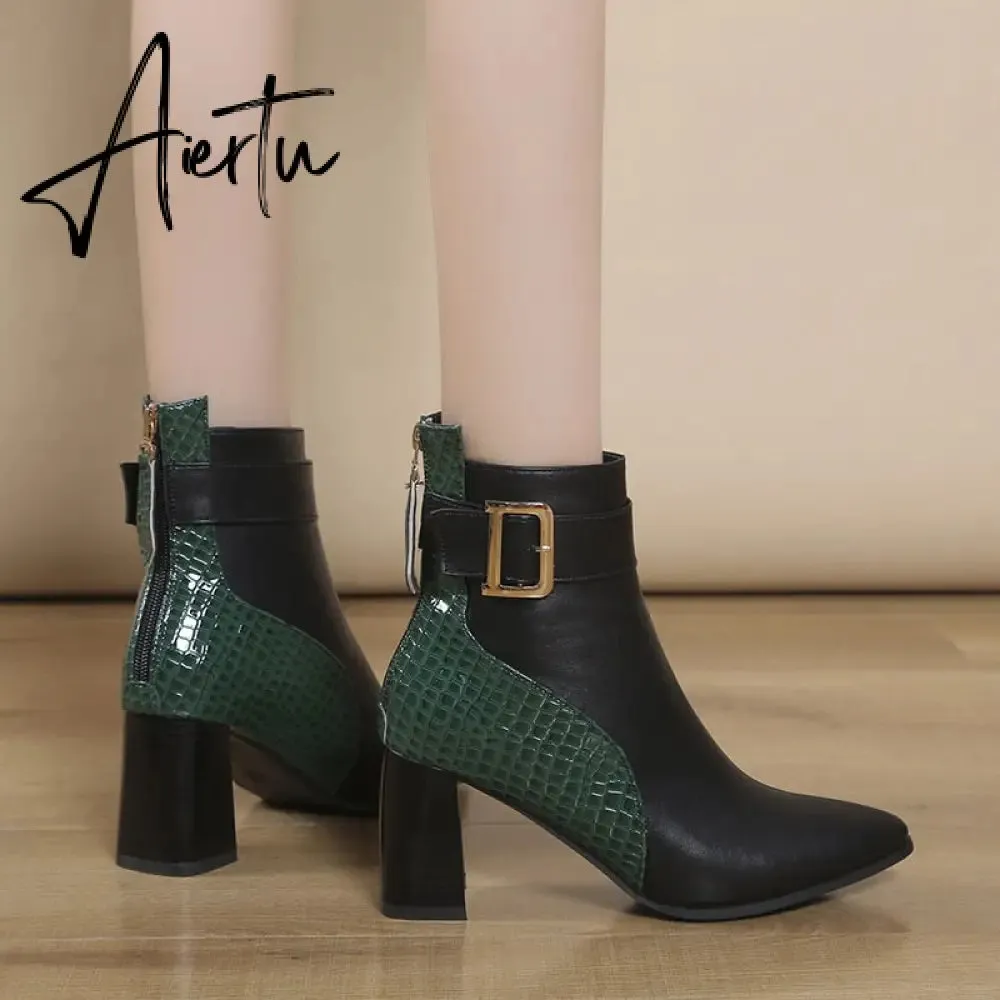 Aiertu High Heel Women's Boots Autumn Fashion PU Leather Pointed Toe Ankle Boots Party Zipper Luxury High Heels Pumps Zapatos