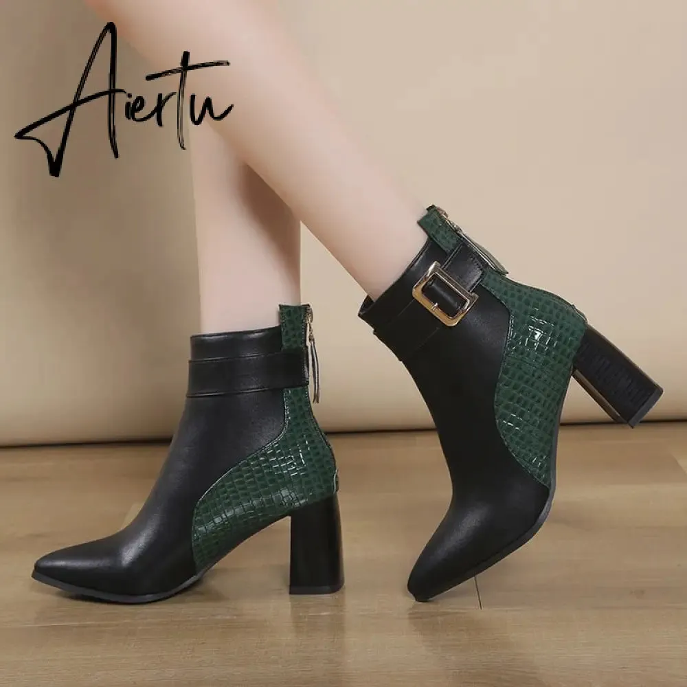 Aiertu High Heel Women's Boots Autumn Fashion PU Leather Pointed Toe Ankle Boots Party Zipper Luxury High Heels Pumps Zapatos