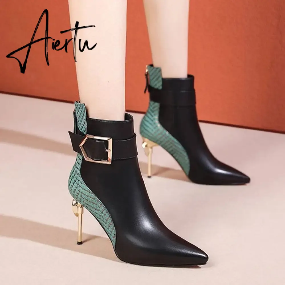 Aiertu High Heel Women's Boots Autumn Fashion PU Leather Pointed Toe Ankle Boots Party Zipper Luxury High Heels Pumps Zapatos