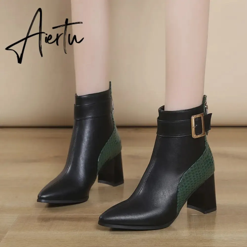 Aiertu High Heel Women's Boots Autumn Fashion PU Leather Pointed Toe Ankle Boots Party Zipper Luxury High Heels Pumps Zapatos