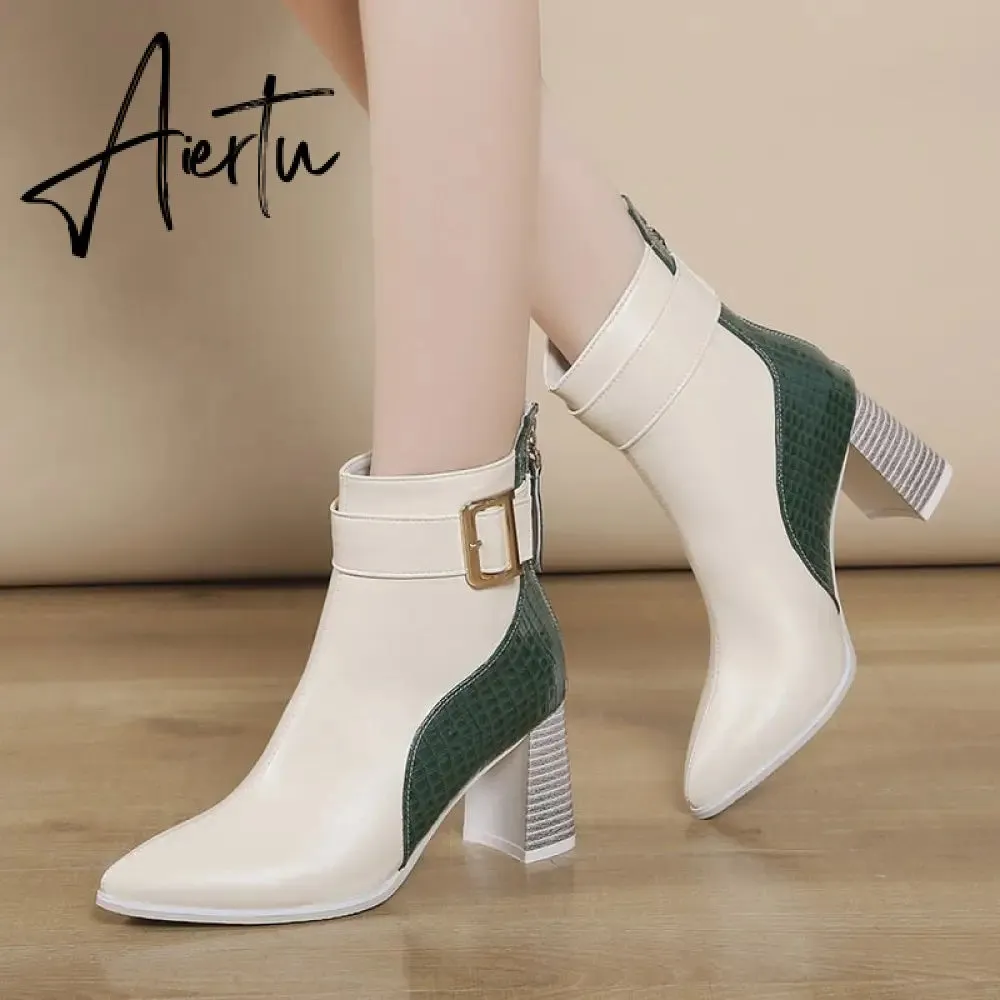 Aiertu High Heel Women's Boots Autumn Fashion PU Leather Pointed Toe Ankle Boots Party Zipper Luxury High Heels Pumps Zapatos