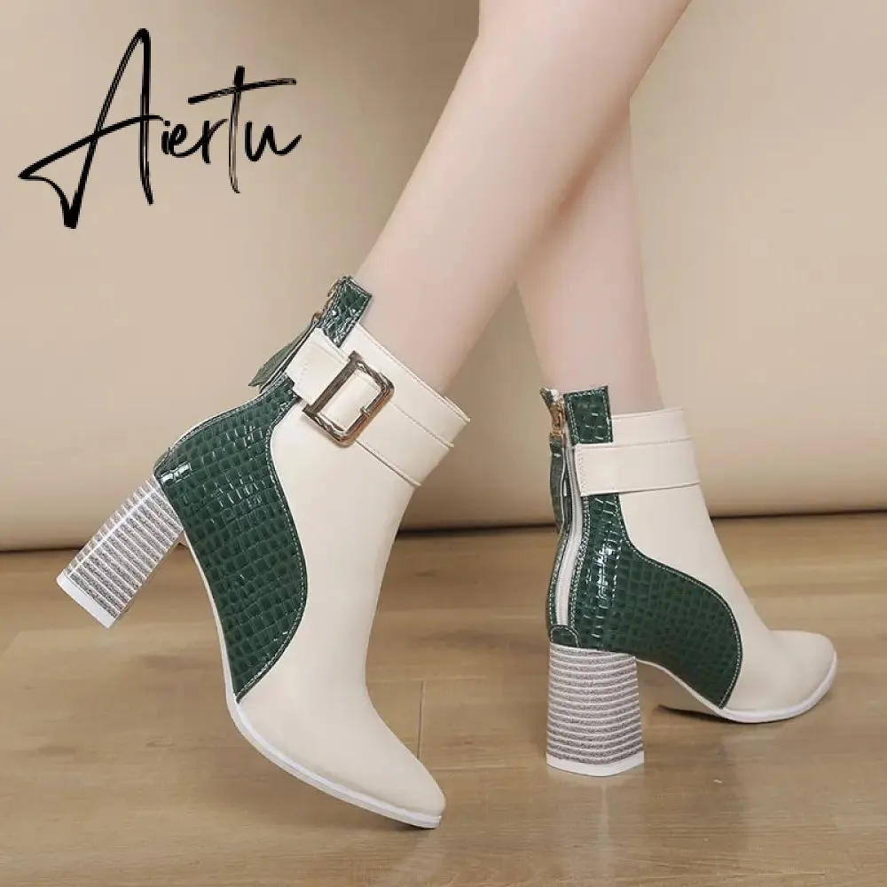 Aiertu High Heel Women's Boots Autumn Fashion PU Leather Pointed Toe Ankle Boots Party Zipper Luxury High Heels Pumps Zapatos