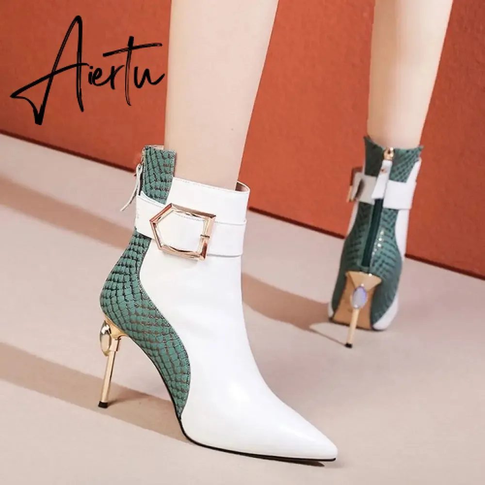 Aiertu High Heel Women's Boots Autumn Fashion PU Leather Pointed Toe Ankle Boots Party Zipper Luxury High Heels Pumps Zapatos