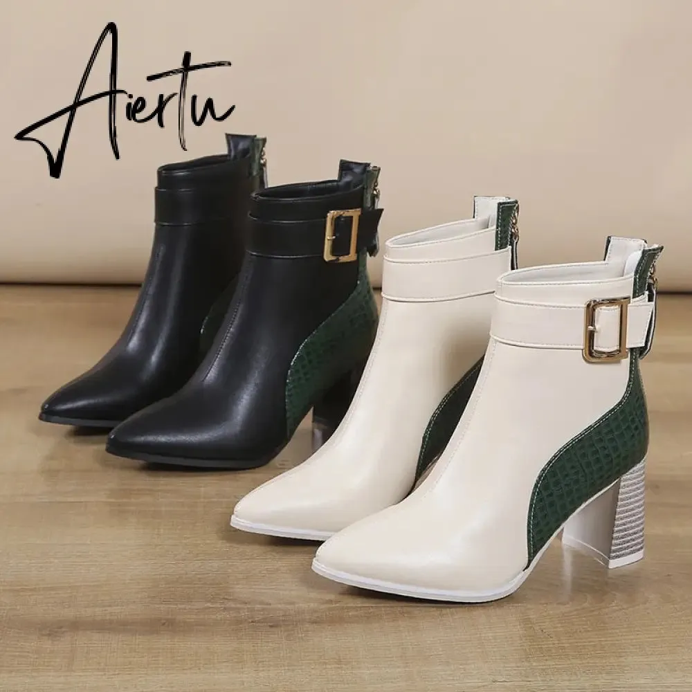 Aiertu High Heel Women's Boots Autumn Fashion PU Leather Pointed Toe Ankle Boots Party Zipper Luxury High Heels Pumps Zapatos