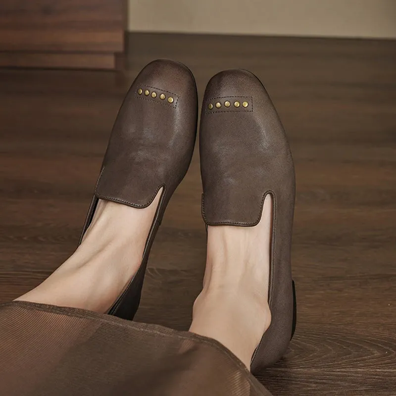 Almond Toe Womens Flats Handmade Horse Leather Shoes in Black/Brown/Gray