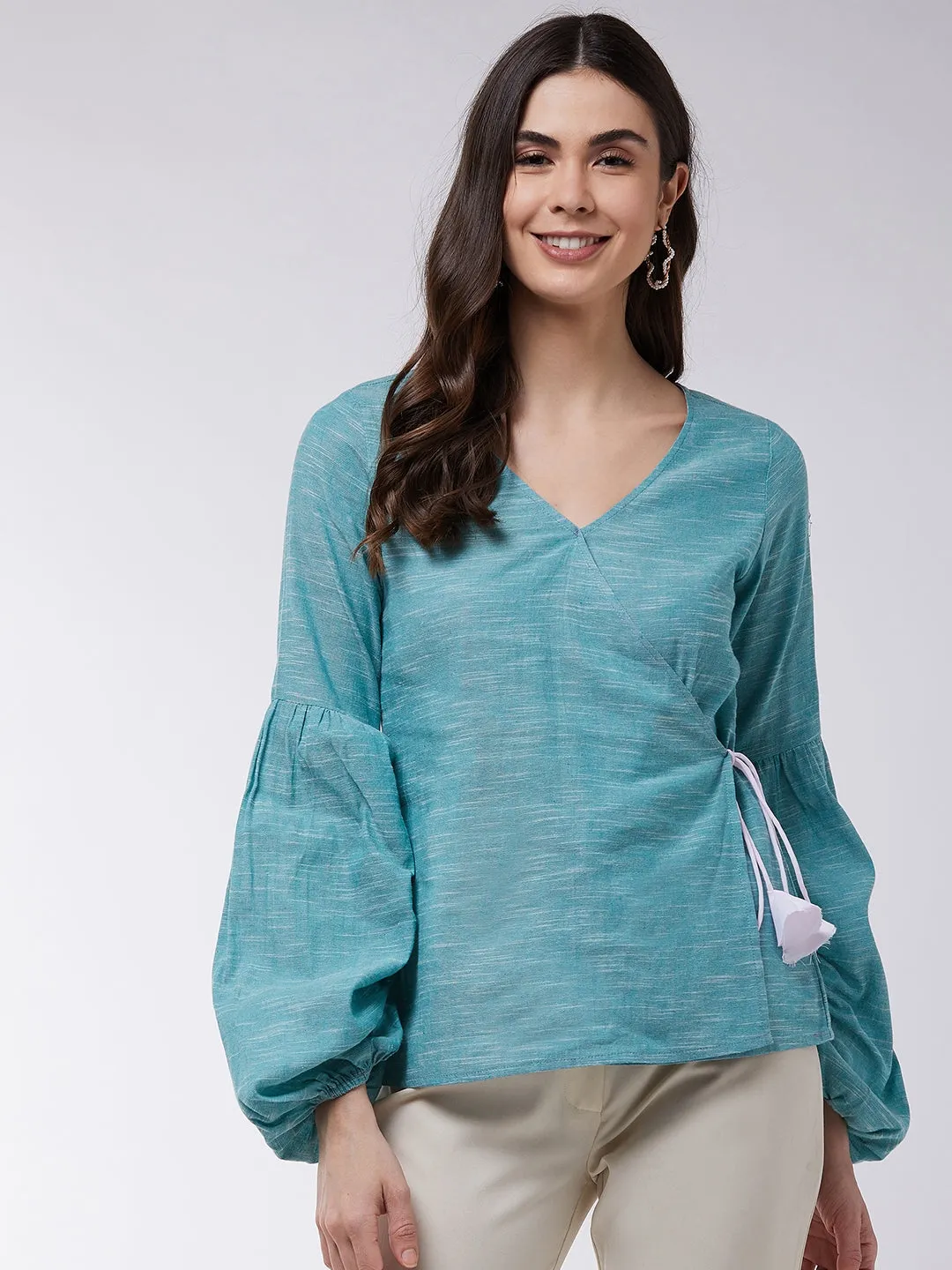 Angarkha Style Extended Puff Sleeve Chambray Top