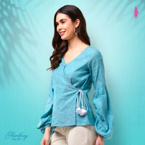 Angarkha Style Extended Puff Sleeve Chambray Top