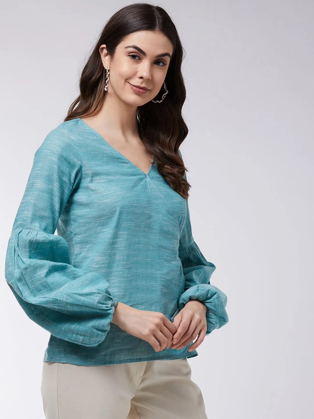 Angarkha Style Extended Puff Sleeve Chambray Top