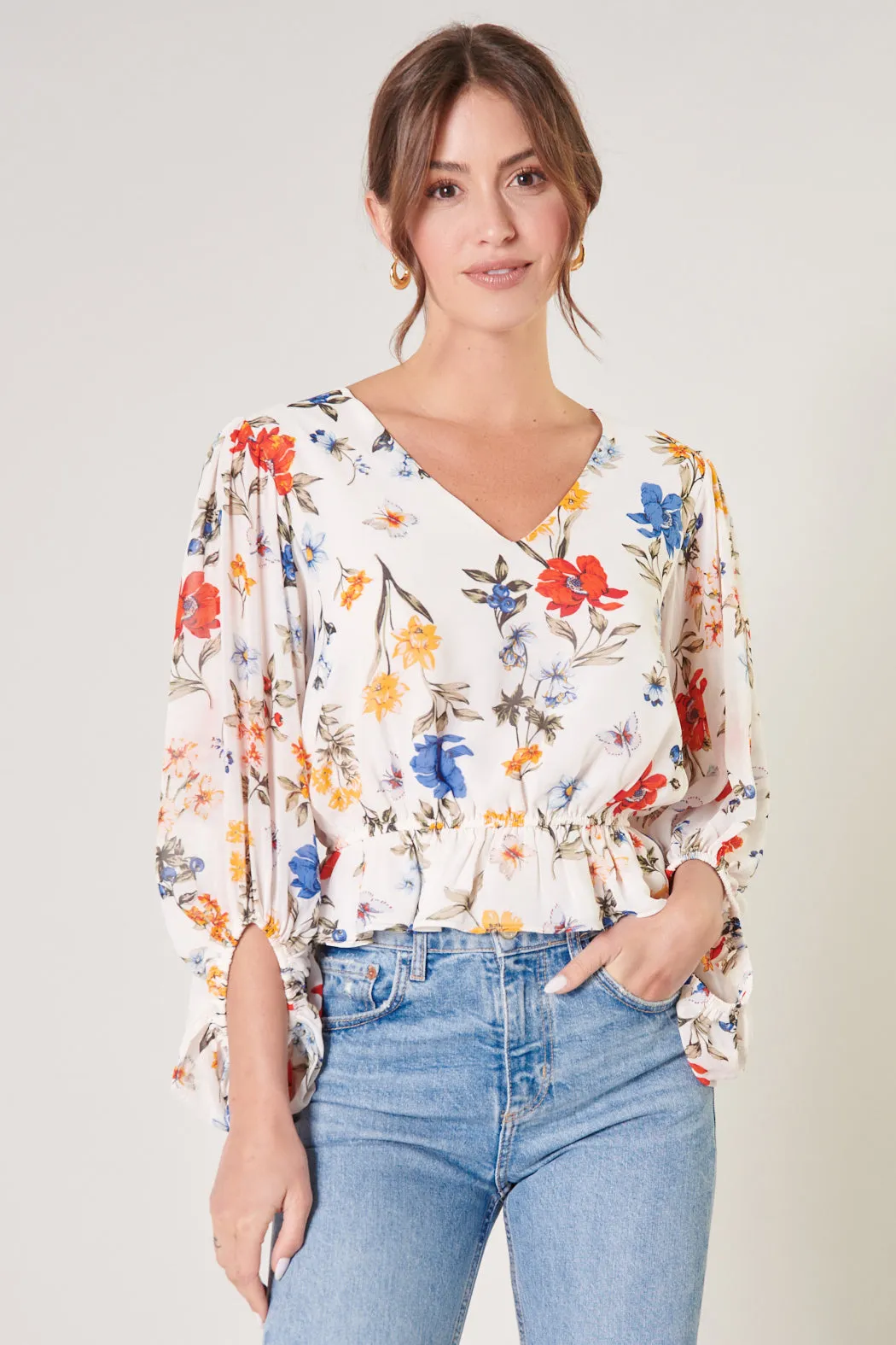 April Primary Floral Ways Balloon Sleeve Blouse