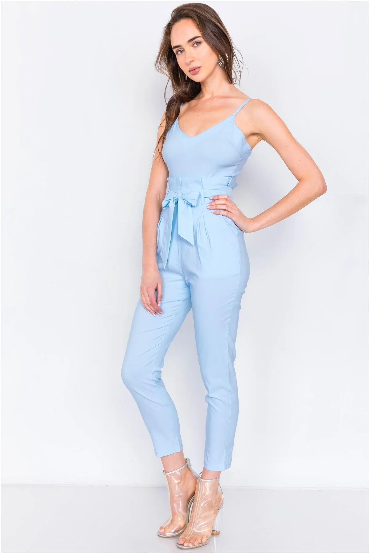 Baby Blue Mock High-Waist V-Neck Cami Jumpsuit