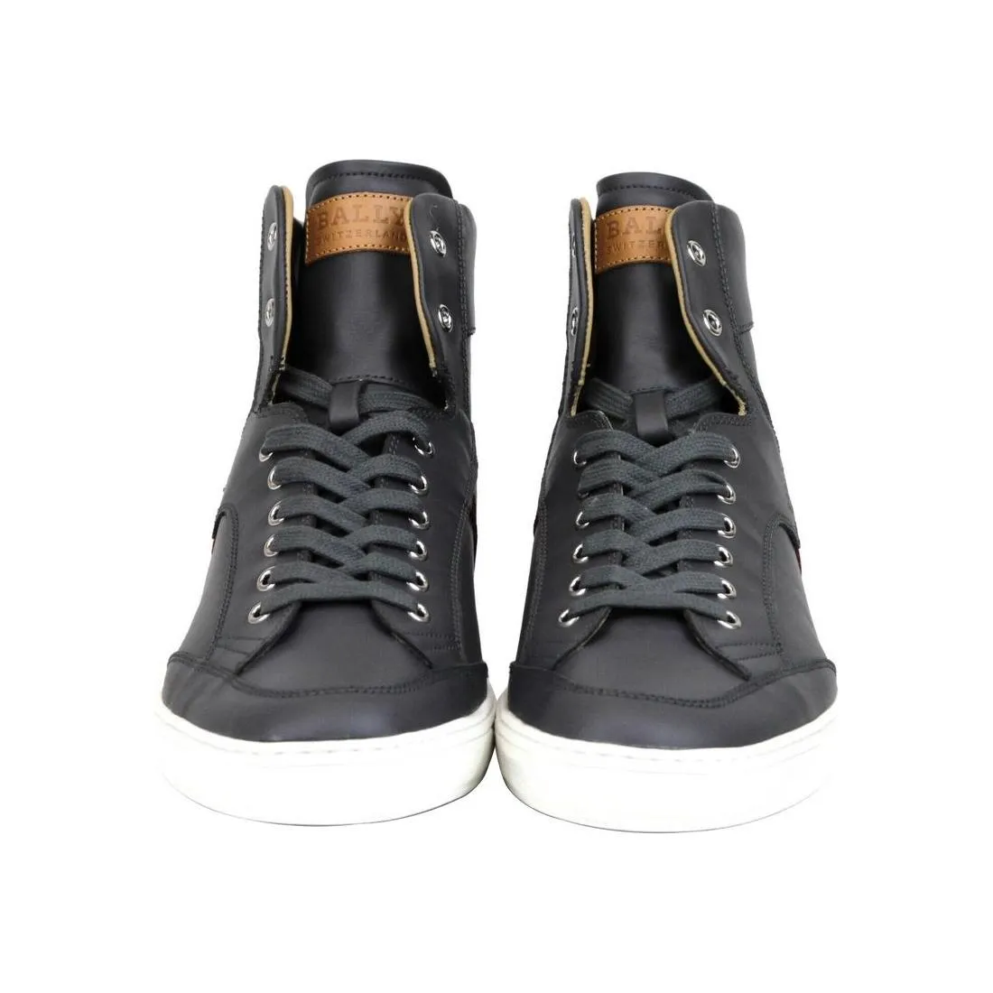 Bally Dark Grey Calf Leather Hi Top Sneaker With Red Beige