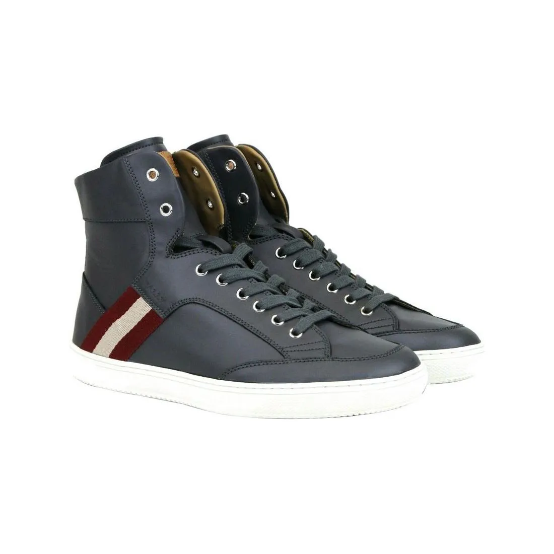 Bally Dark Grey Calf Leather Hi Top Sneaker With Red Beige