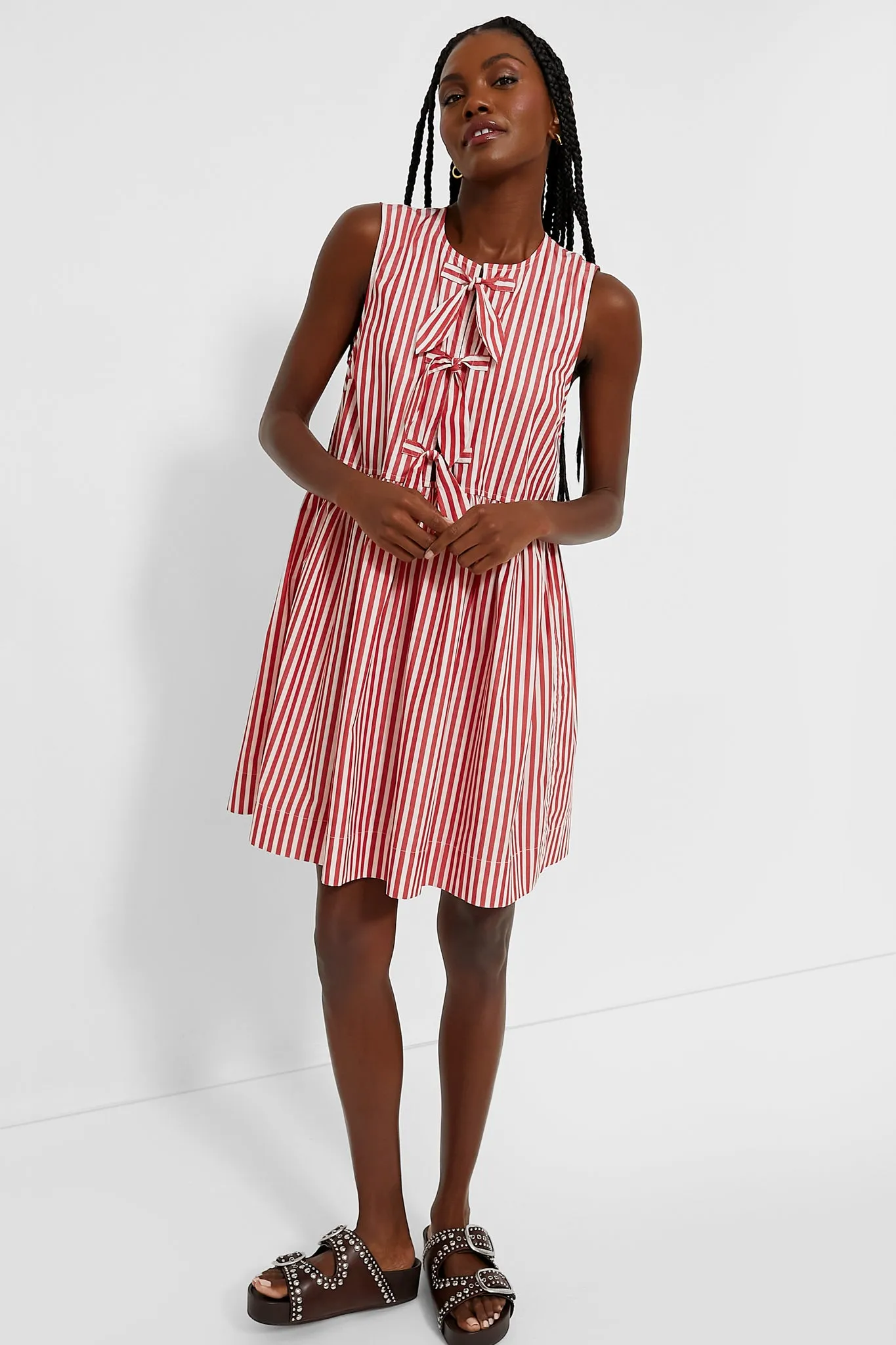 Barbados Cherry Stripe Cotton Mini Bow Tie Dress