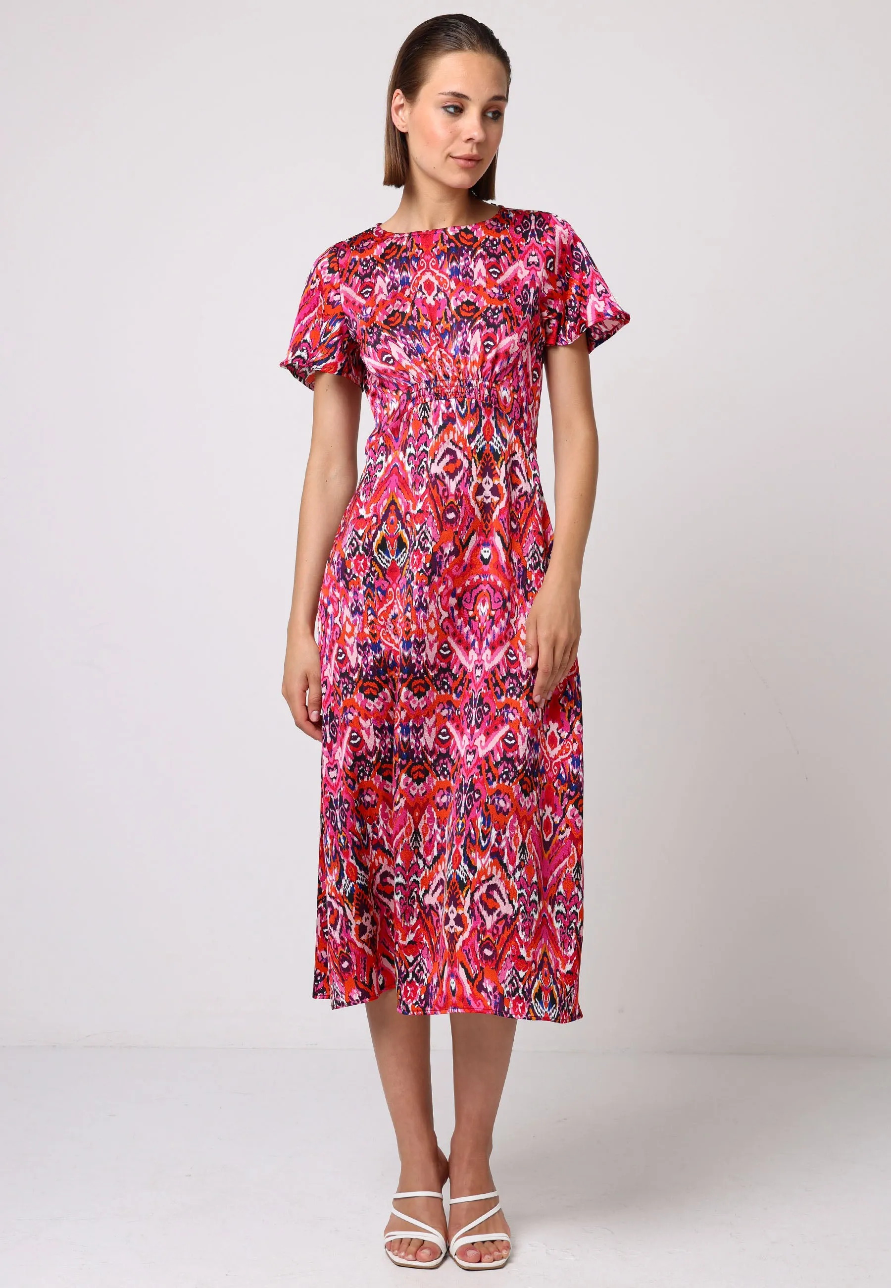 Butterfly Sleeve Tea Dress With Elastic Waist Detail In Pink