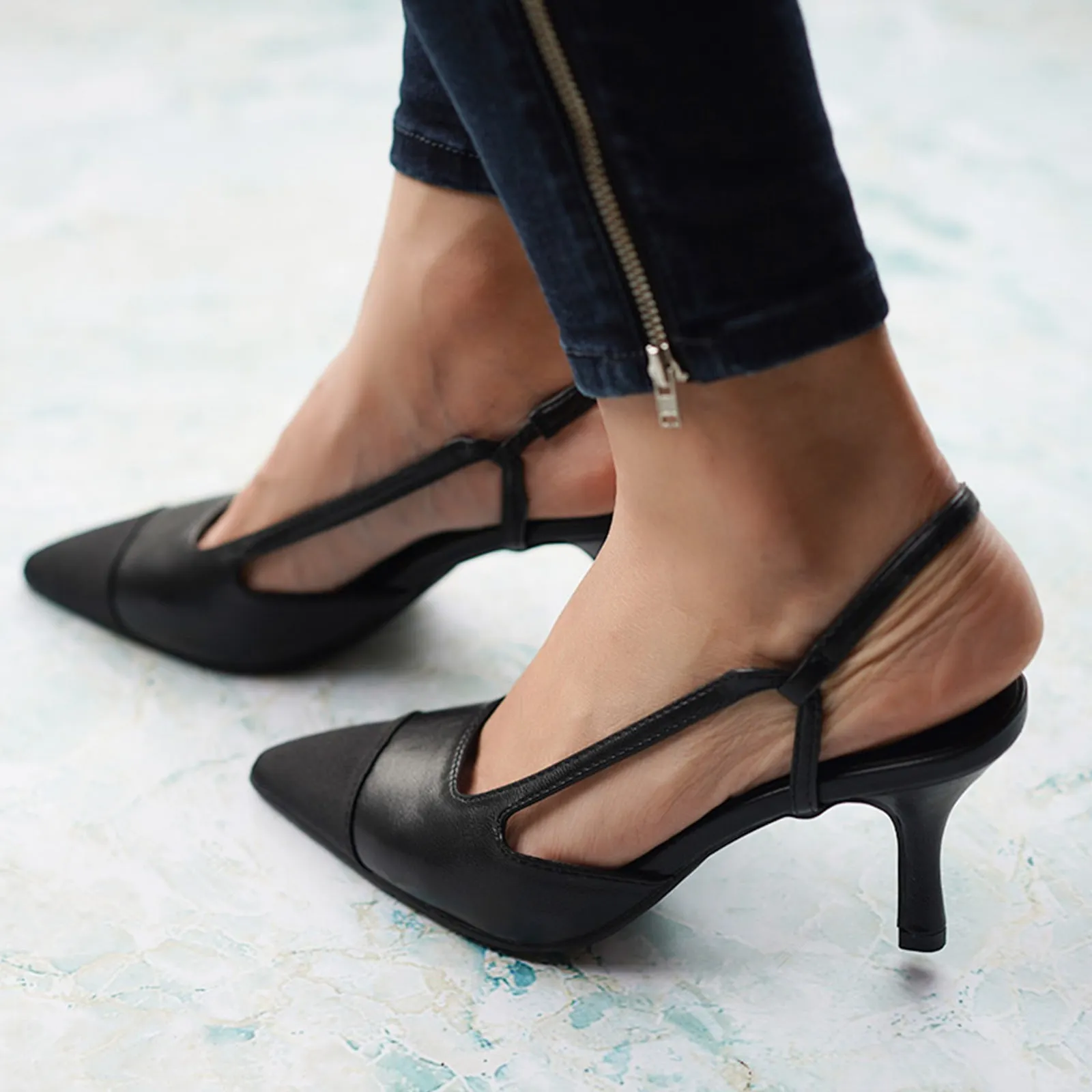 Cap-Toe Slingback Pumps (Helen) Black