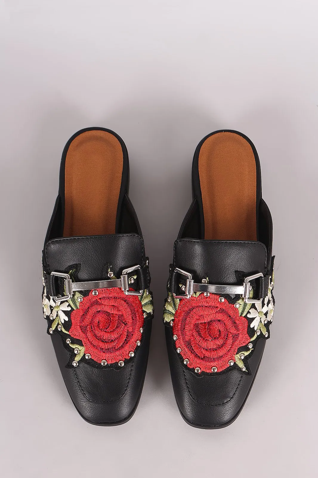 City Classified Studded Floral Applique Horsebit Slip-On Mule Flat