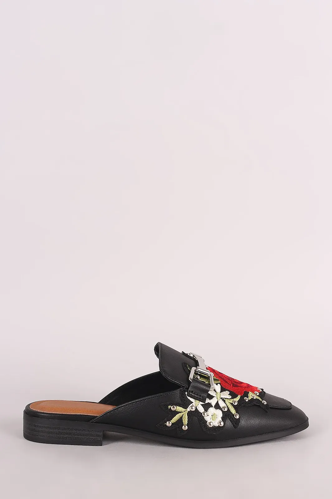 City Classified Studded Floral Applique Horsebit Slip-On Mule Flat