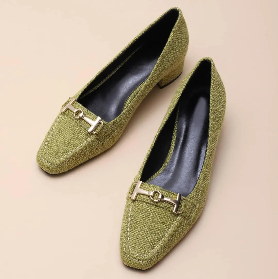 Classic Gold Logo Designed Green Women's Low Heel Shoe