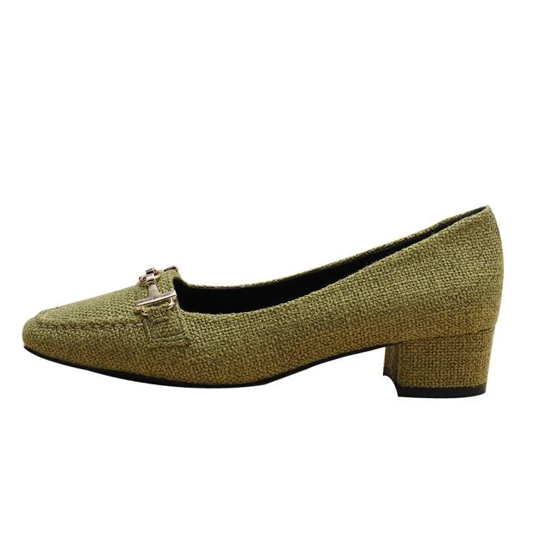 Classic Gold Logo Designed Green Women's Low Heel Shoe