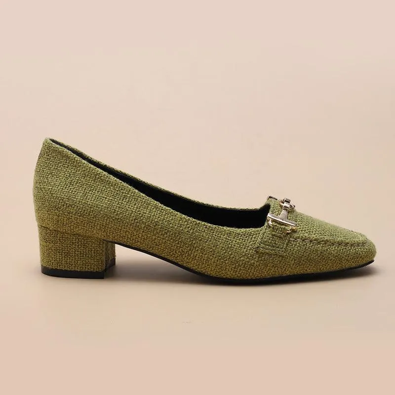 Classic Gold Logo Designed Green Women's Low Heel Shoe