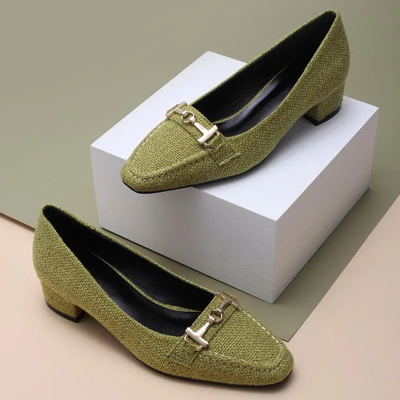 Classic Gold Logo Designed Green Women's Low Heel Shoe