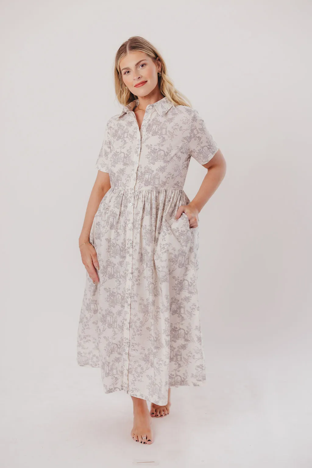 Coastal 100% Cotton Midi Dress in Ivory/Grey/Blue - Bump & Nursing Friendly & Inclusive Sizing (S-3XL) Final Restock!!