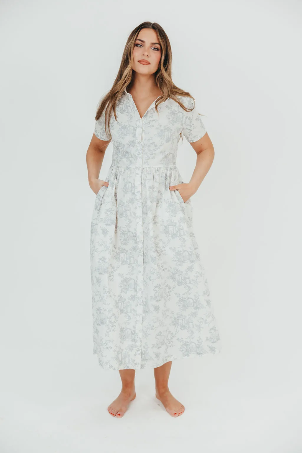 Coastal 100% Cotton Midi Dress in Ivory/Grey/Blue - Bump & Nursing Friendly & Inclusive Sizing (S-3XL) Final Restock!!