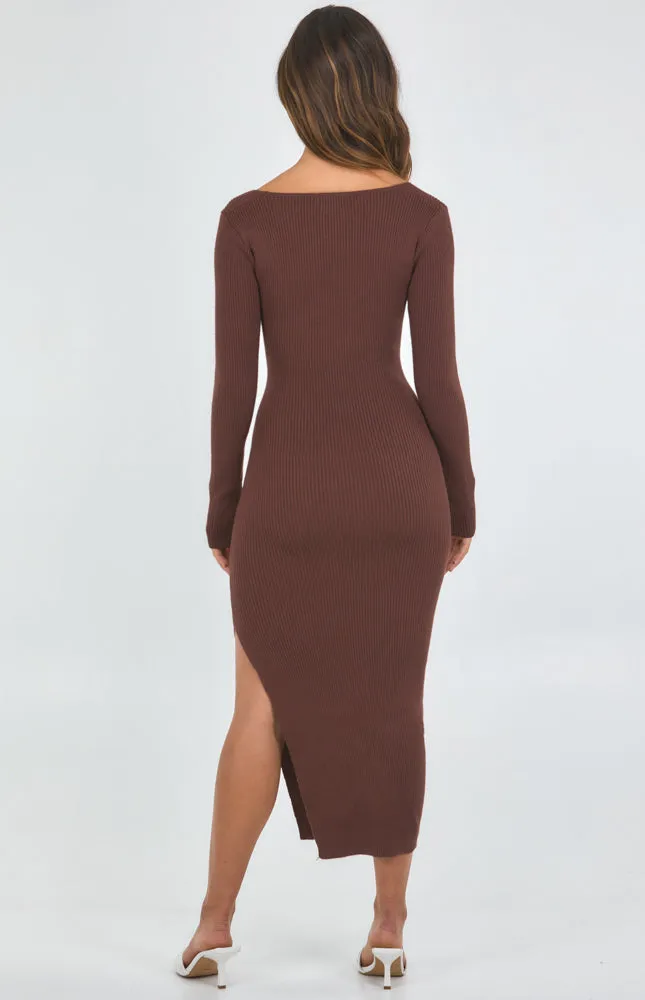 Cross Front Cut Out Detail Midi Knit Dress with Side Split