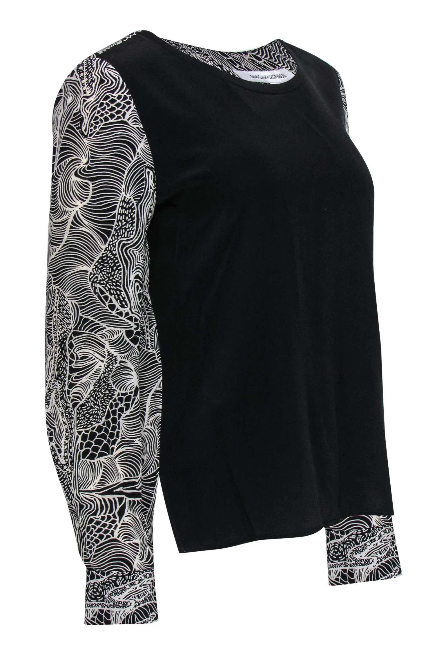 Diane von Furstenberg - Black & White Silk Blouse w/ Abstract Sleeves Sz 8