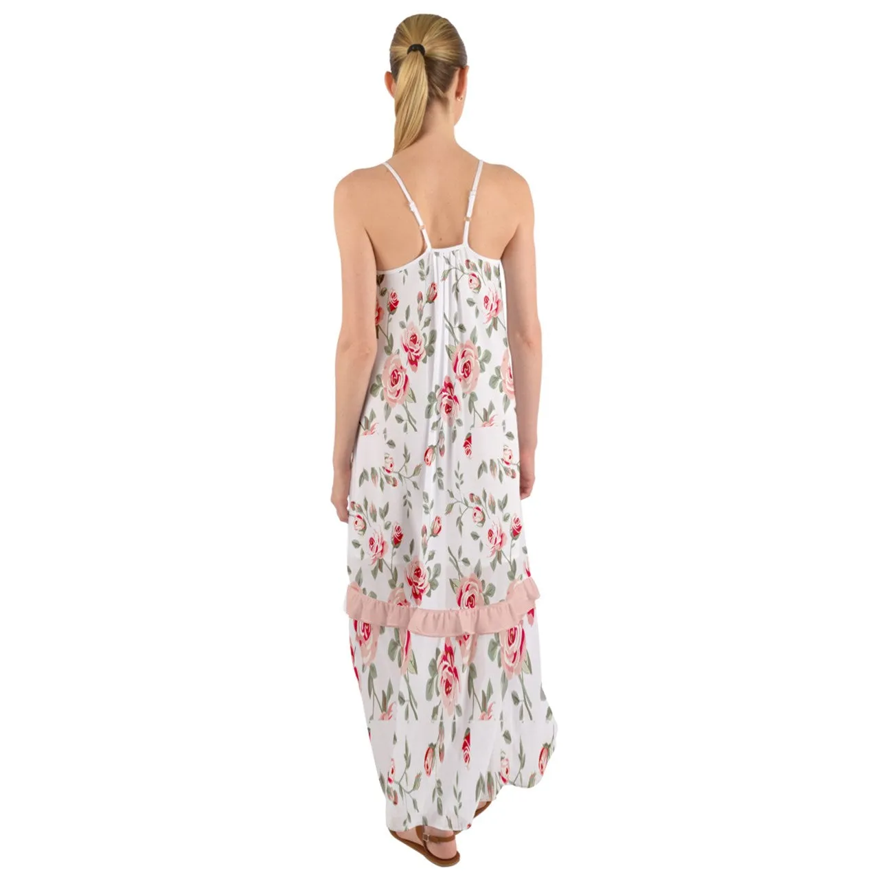 Floral Cami Maxi Ruffle Chiffon Dress - White