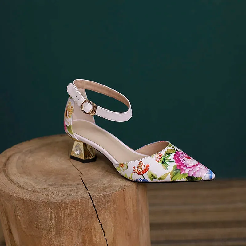 Flower Print Pointed Toe Mid Heel Pumps