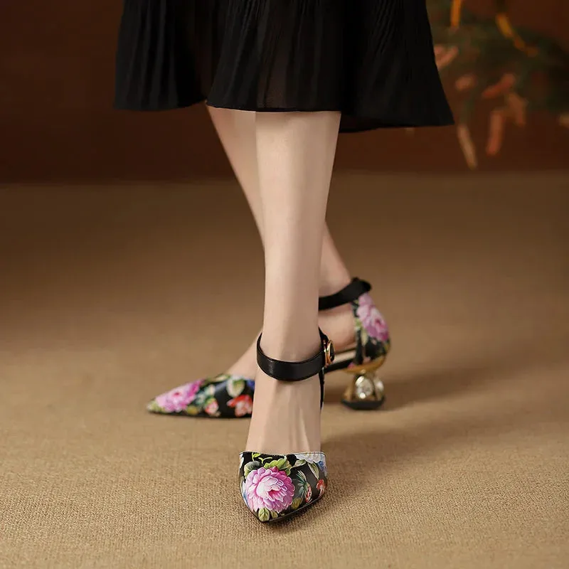 Flower Print Pointed Toe Mid Heel Pumps