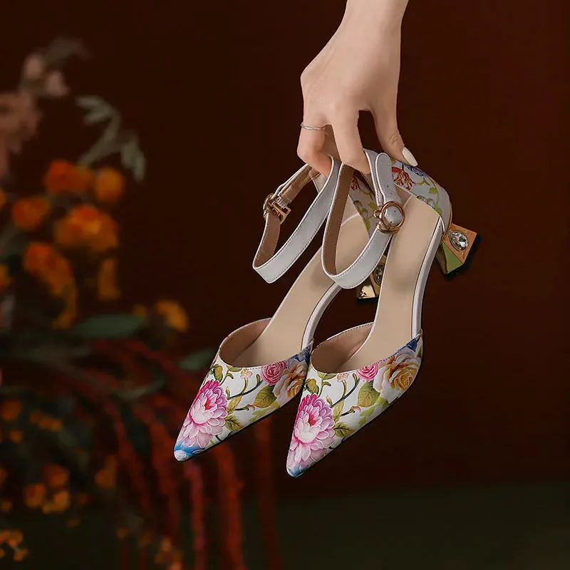 Flower Print Pointed Toe Mid Heel Pumps