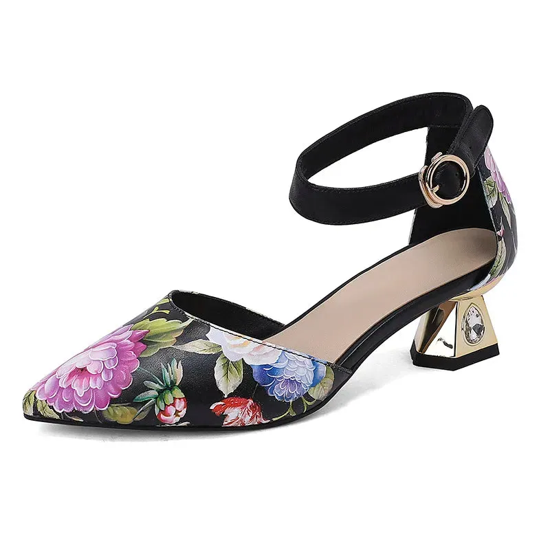 Flower Print Pointed Toe Mid Heel Pumps