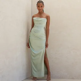 Flytonn- Silky Satin High Slit Ruched Strapless Party Maxi Dress - Sage Green