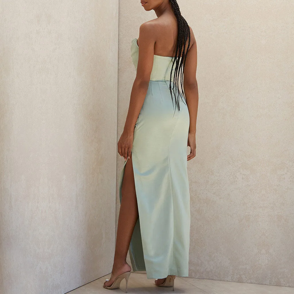 Flytonn- Silky Satin High Slit Ruched Strapless Party Maxi Dress - Sage Green