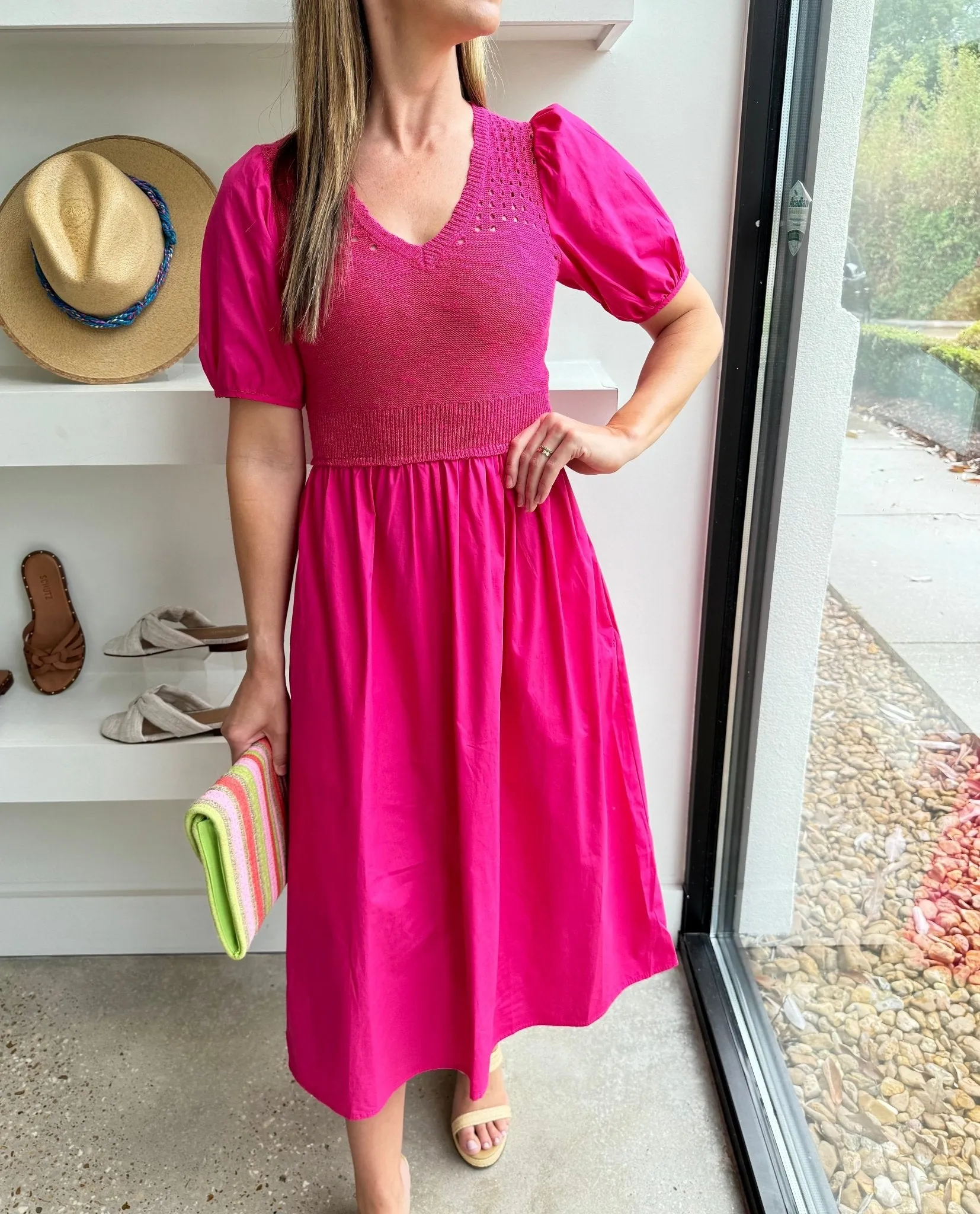 Hot Pink Barkley Crochet Knit Mix Poplin Dress