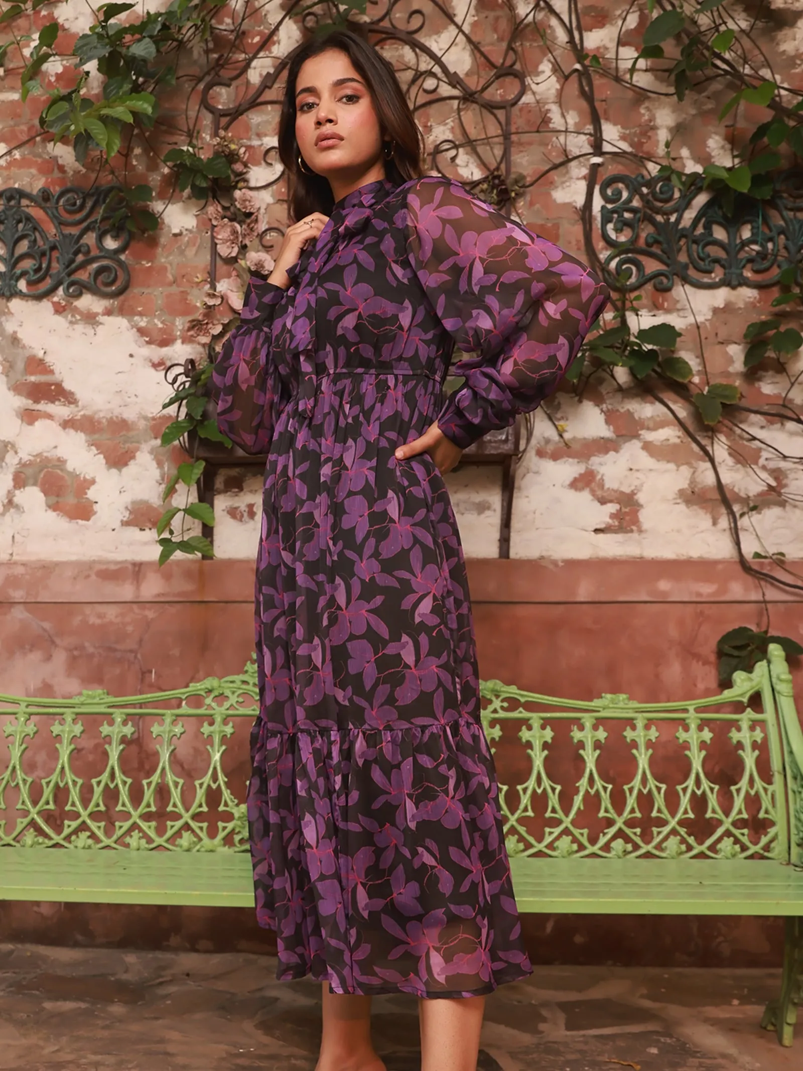 IS.U Floral Purple Front Tie Knot Midaxi Dress