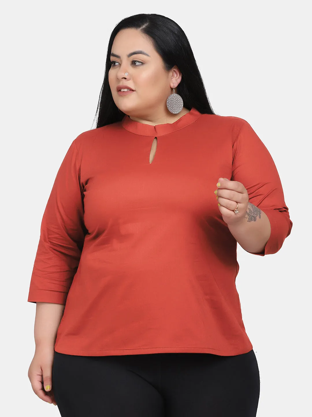 Keyhole Neckline Cotton Top - Rust