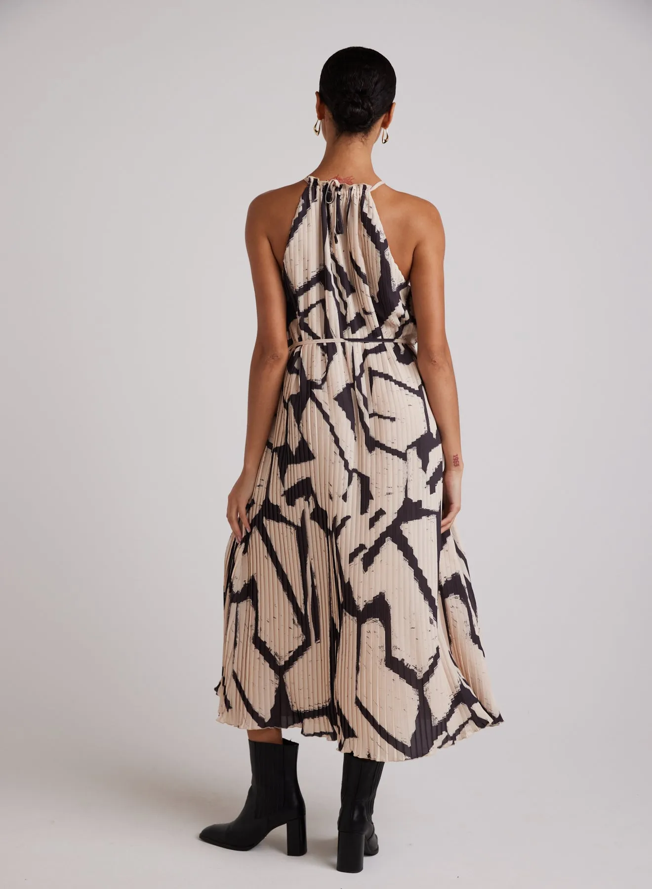 Knife Pleat Halter Maxi Dress - Ivory Mosaic Print