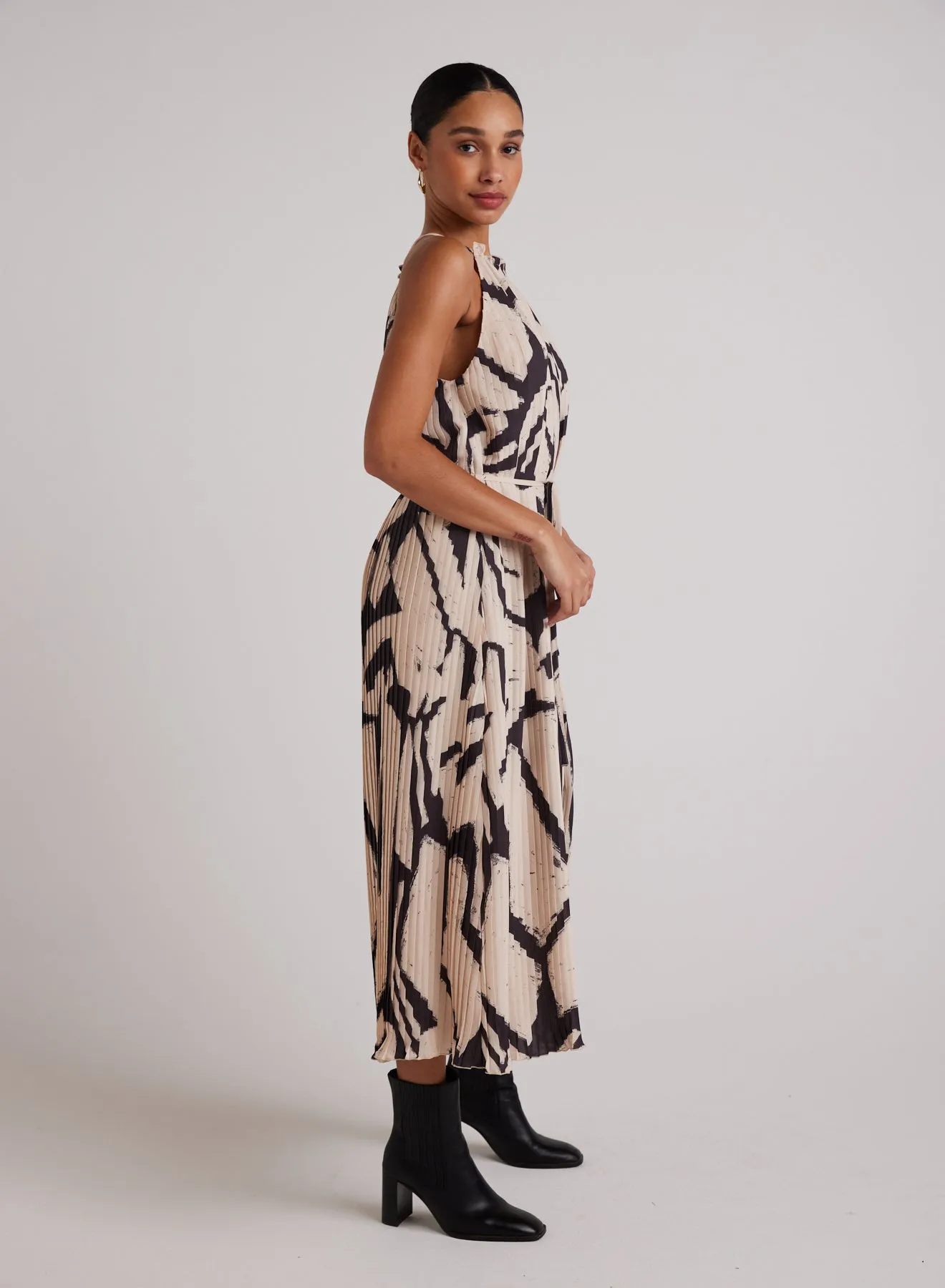 Knife Pleat Halter Maxi Dress - Ivory Mosaic Print