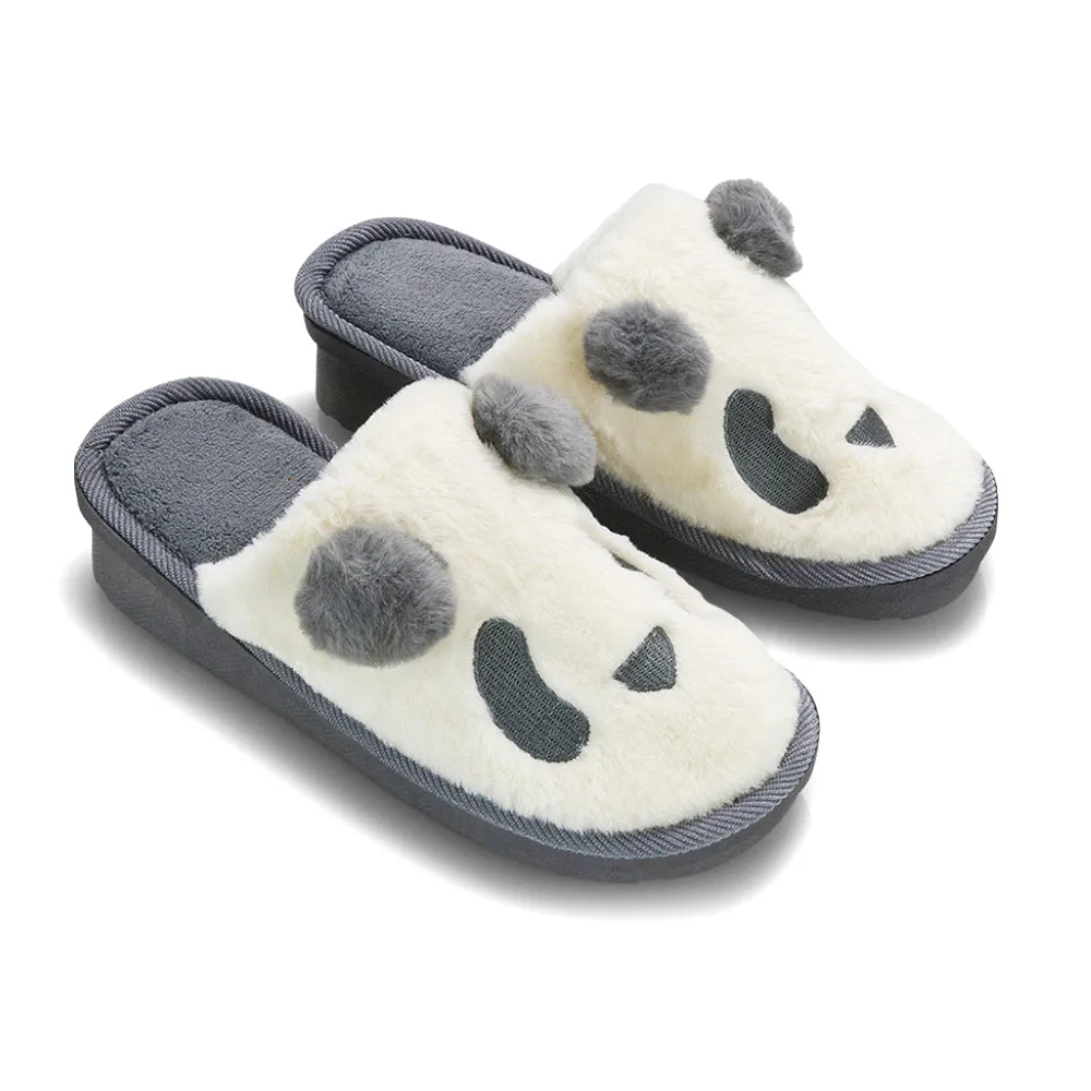 Lou Faux Fur Fluffy Flat Slip on Closed Toe Cosy Panda Slippers in Grey