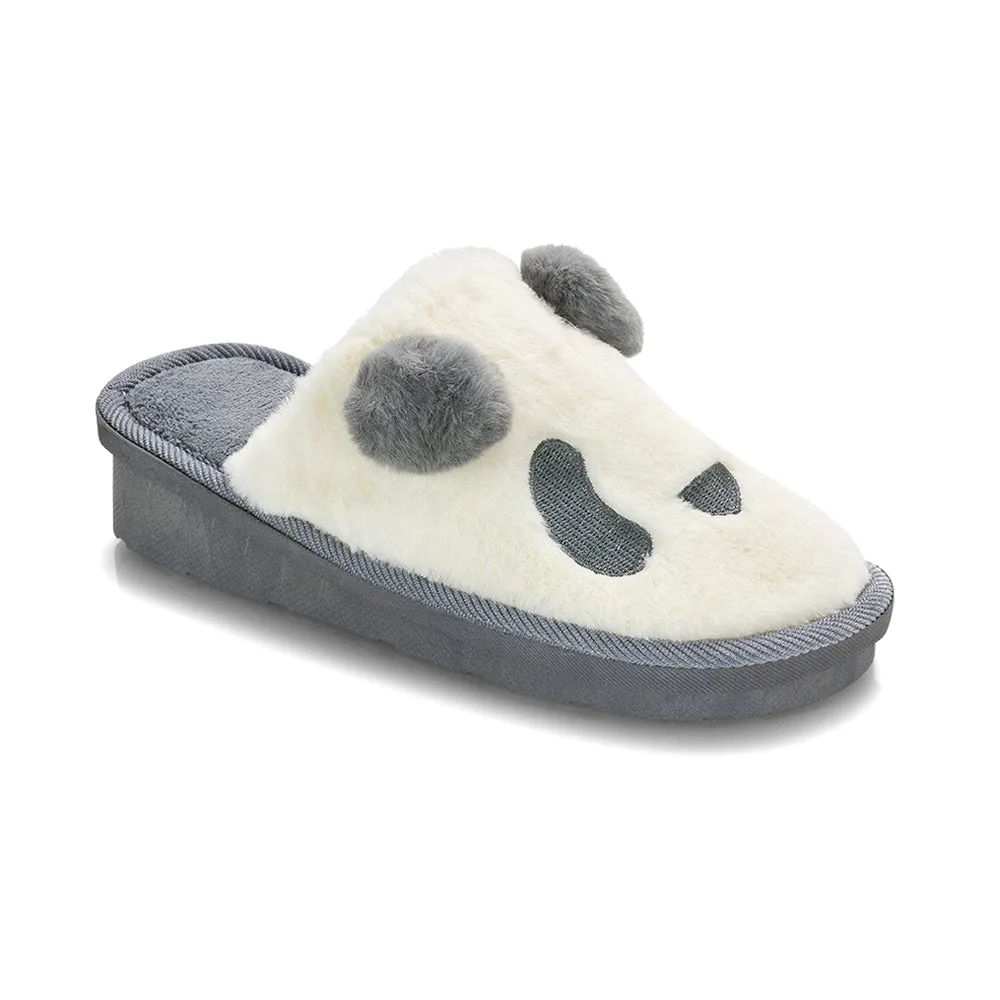 Lou Faux Fur Fluffy Flat Slip on Closed Toe Cosy Panda Slippers in Grey