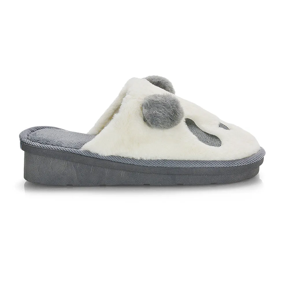 Lou Faux Fur Fluffy Flat Slip on Closed Toe Cosy Panda Slippers in Grey