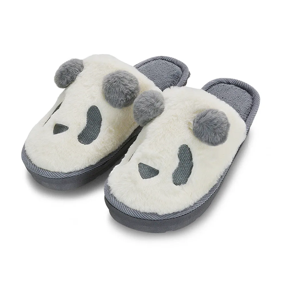 Lou Faux Fur Fluffy Flat Slip on Closed Toe Cosy Panda Slippers in Grey