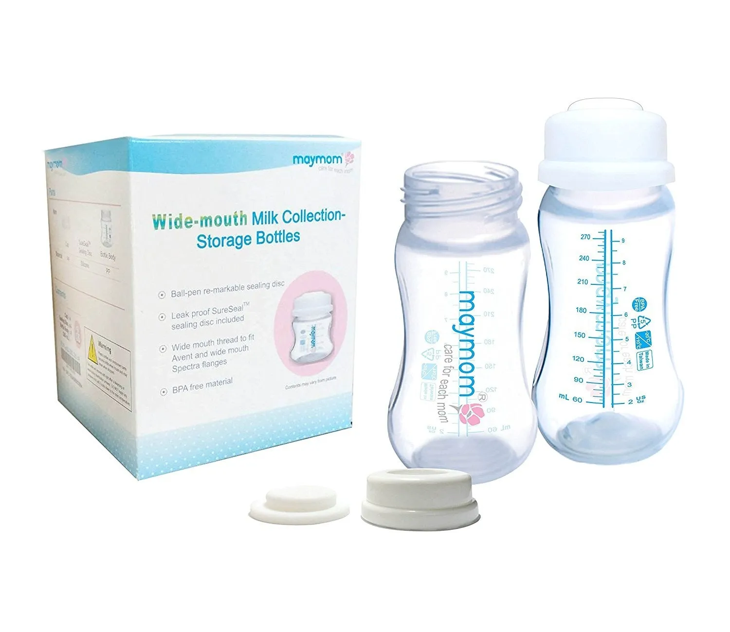 Maymom Wide Neck Breastmilk Collection n Storage Bottle 9oz; Re-markable SureSeal Disc. Fits Spectra S2 Spectra S1 Spectra 9 Plus and Avent Breastpumps Replace Spectra Bottle, Avent Classic Natural Bottle