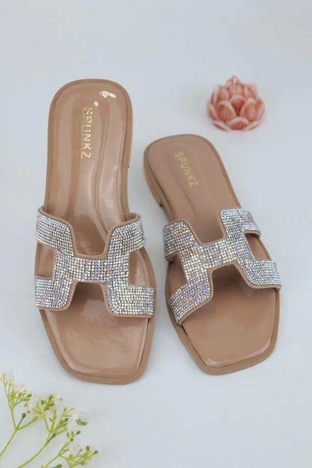 Oran iconic cut-out Nude Rhinestone silhouette Flat Slides