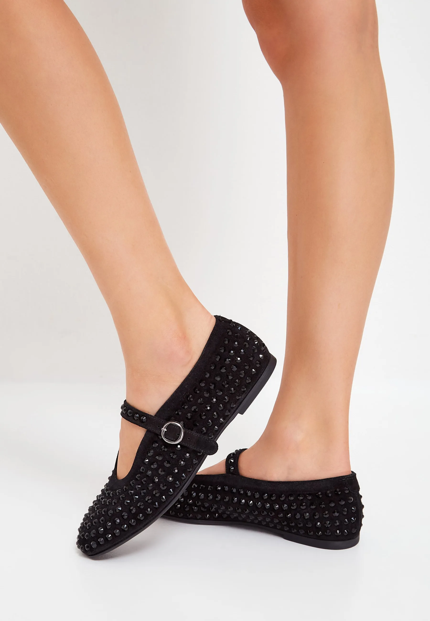 Rhinestones leather ballerinas - Black